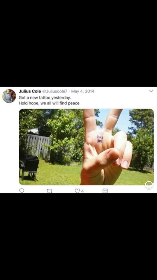 Julius Cole Rassin, Hold Hope tattoo on his hand