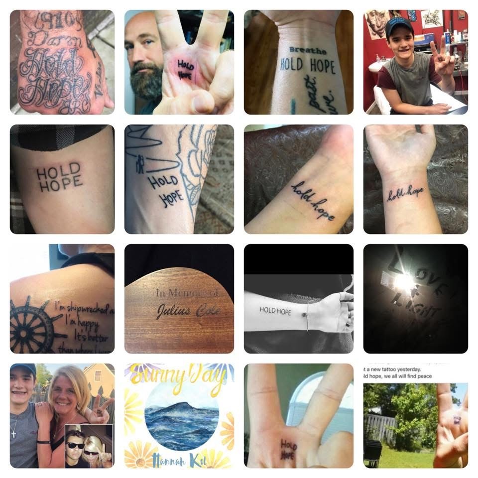 Hold Hope tattoo tribute collage, shared by friends and family