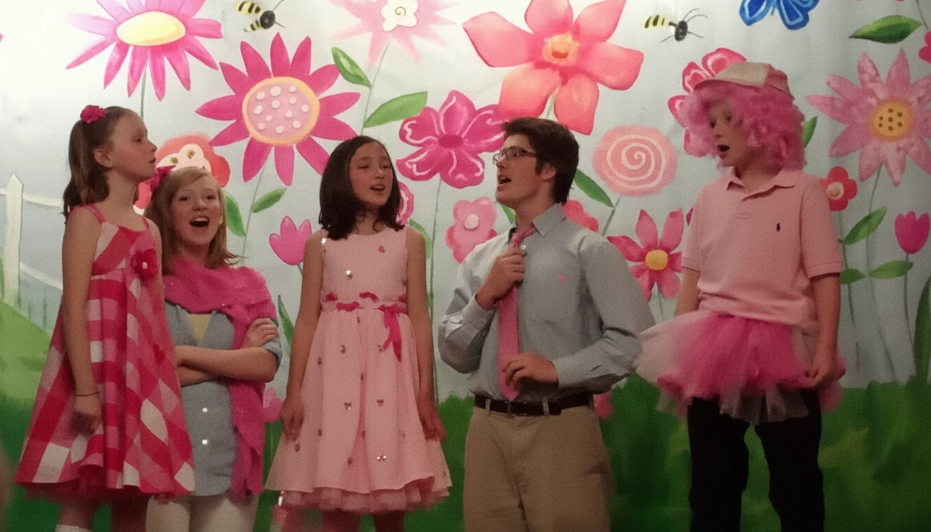 Cole as Mr. Pinkerton on stage in the children's musical Pinkalicious, surrounded by the ensemble in pink costumes